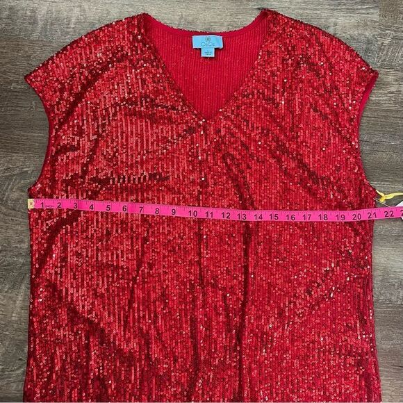 CeCe Sequined V-Neck Cap-Sleeve Red Blouse-Size Large - Picture 5 of 7